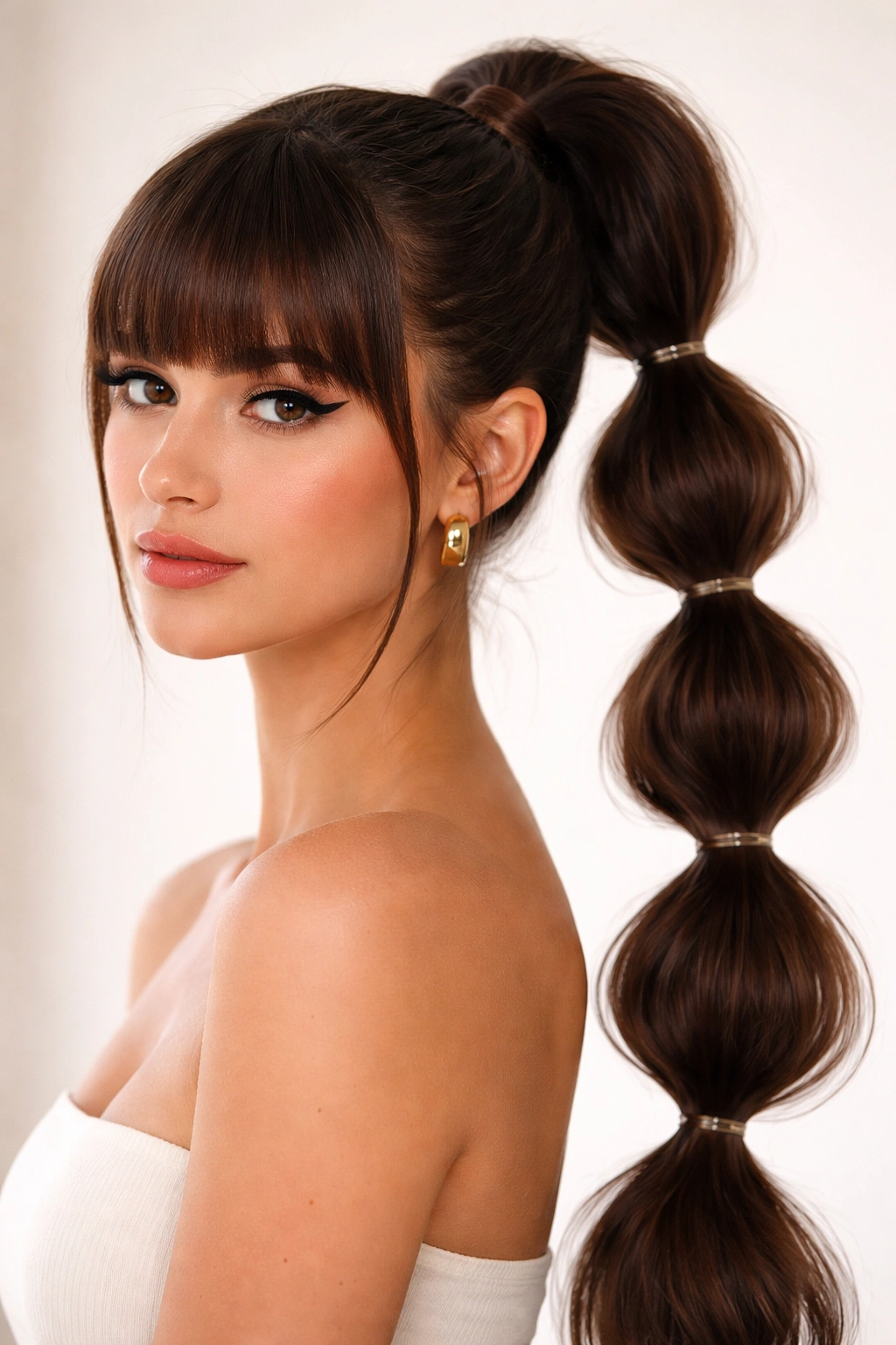 Portrait of a person with a bubble ponytail and blunt bangs.