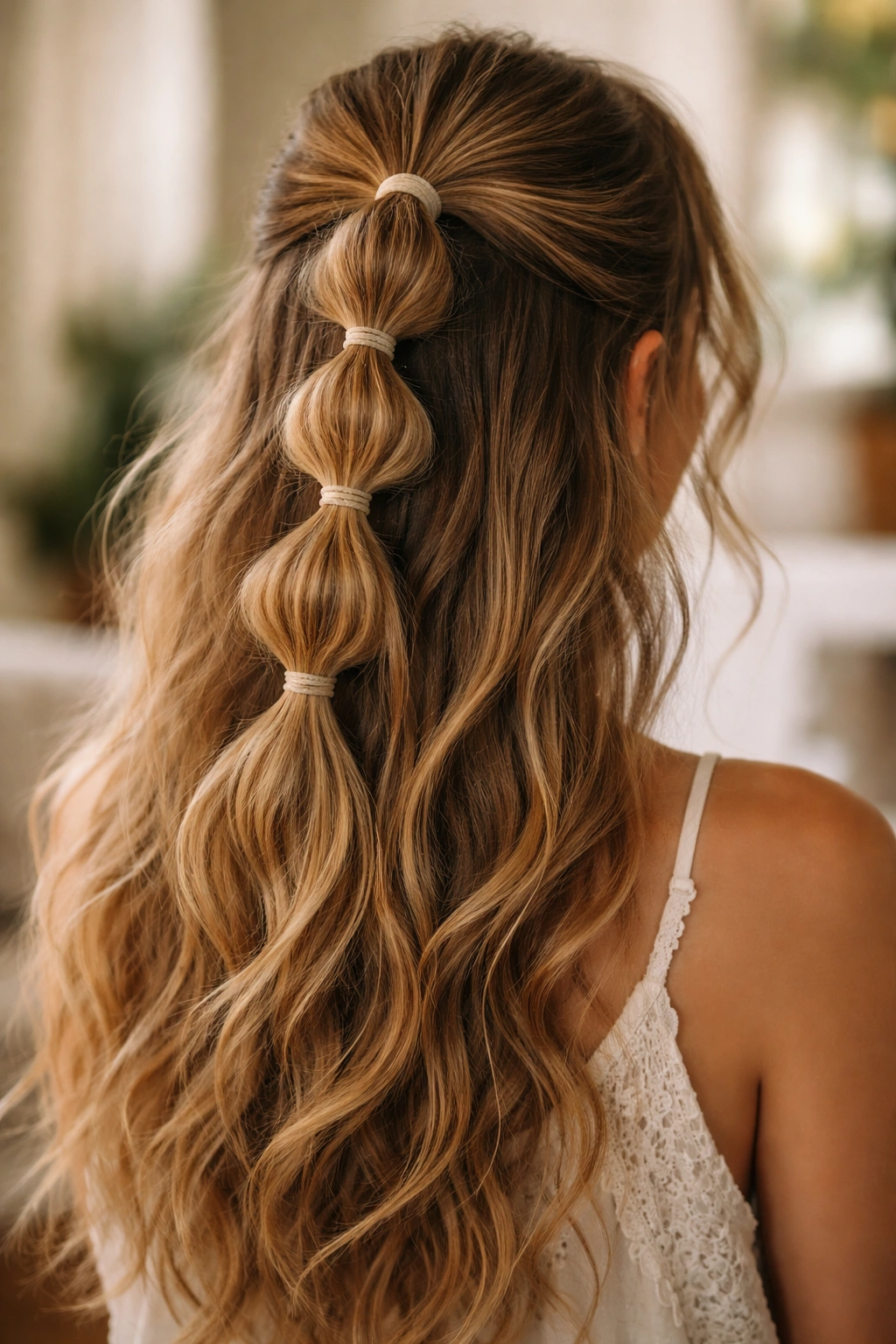 Close-up of a boho bubble ponytail with segmented elastic bubbles on top hairstyle