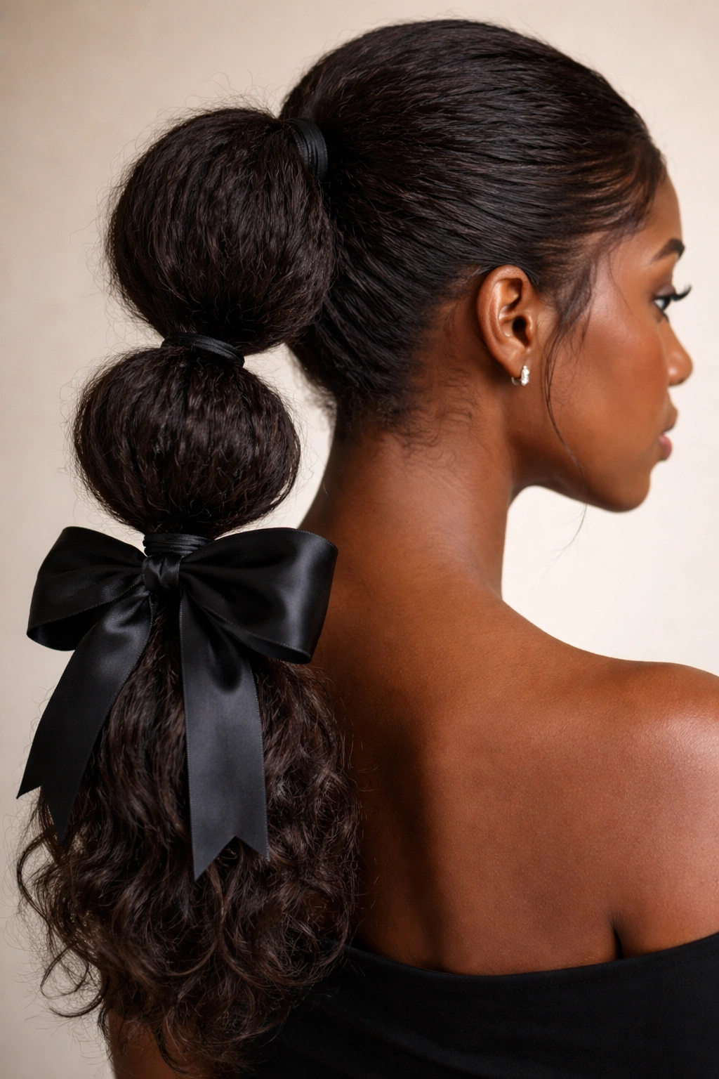 Close-up of textured bubble ponytail with a ribbon bow on natural hair