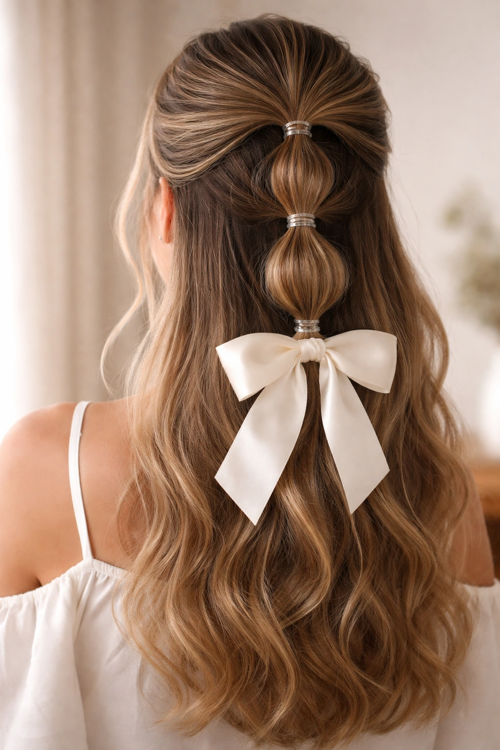Close-up of bubble ponytail half-up with bow showing segmented bubble sections and base bow