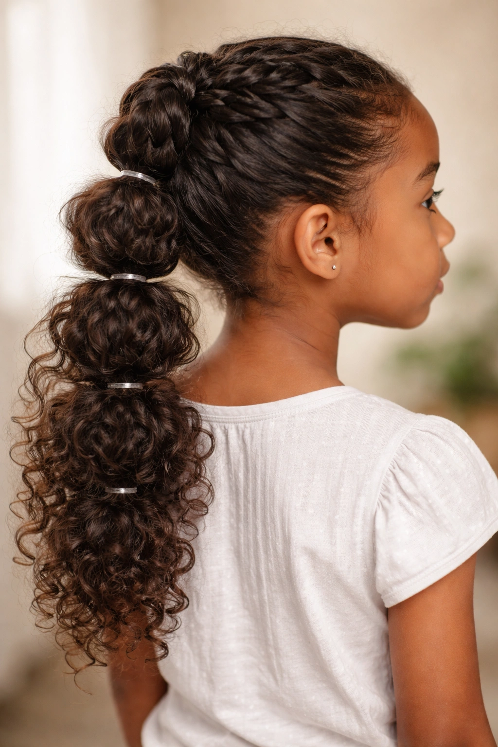 Playful curly hair with a bubble ponytail formed by evenly spaced elastics