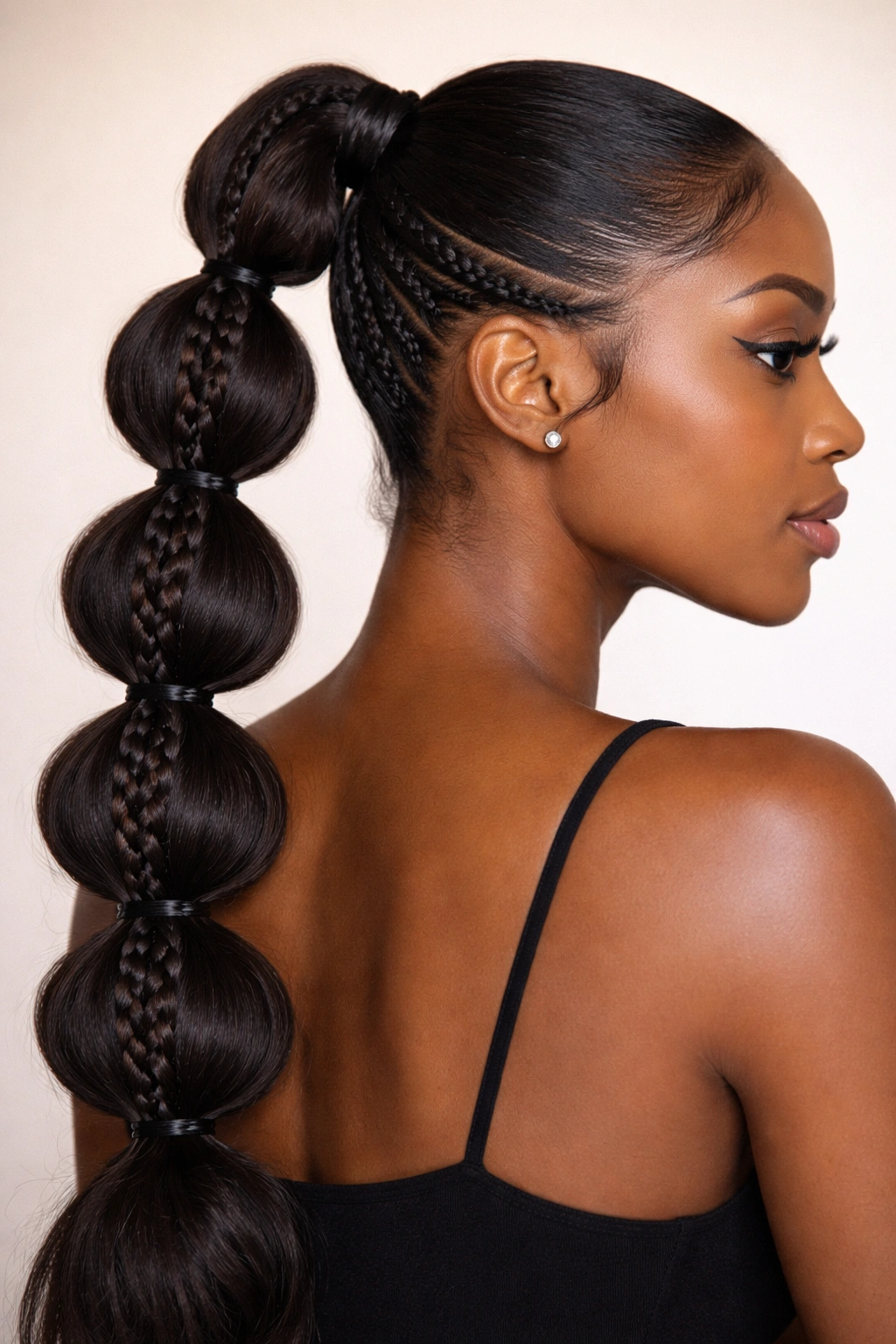 Bubble ponytail featuring braided sections woven through the bubbles