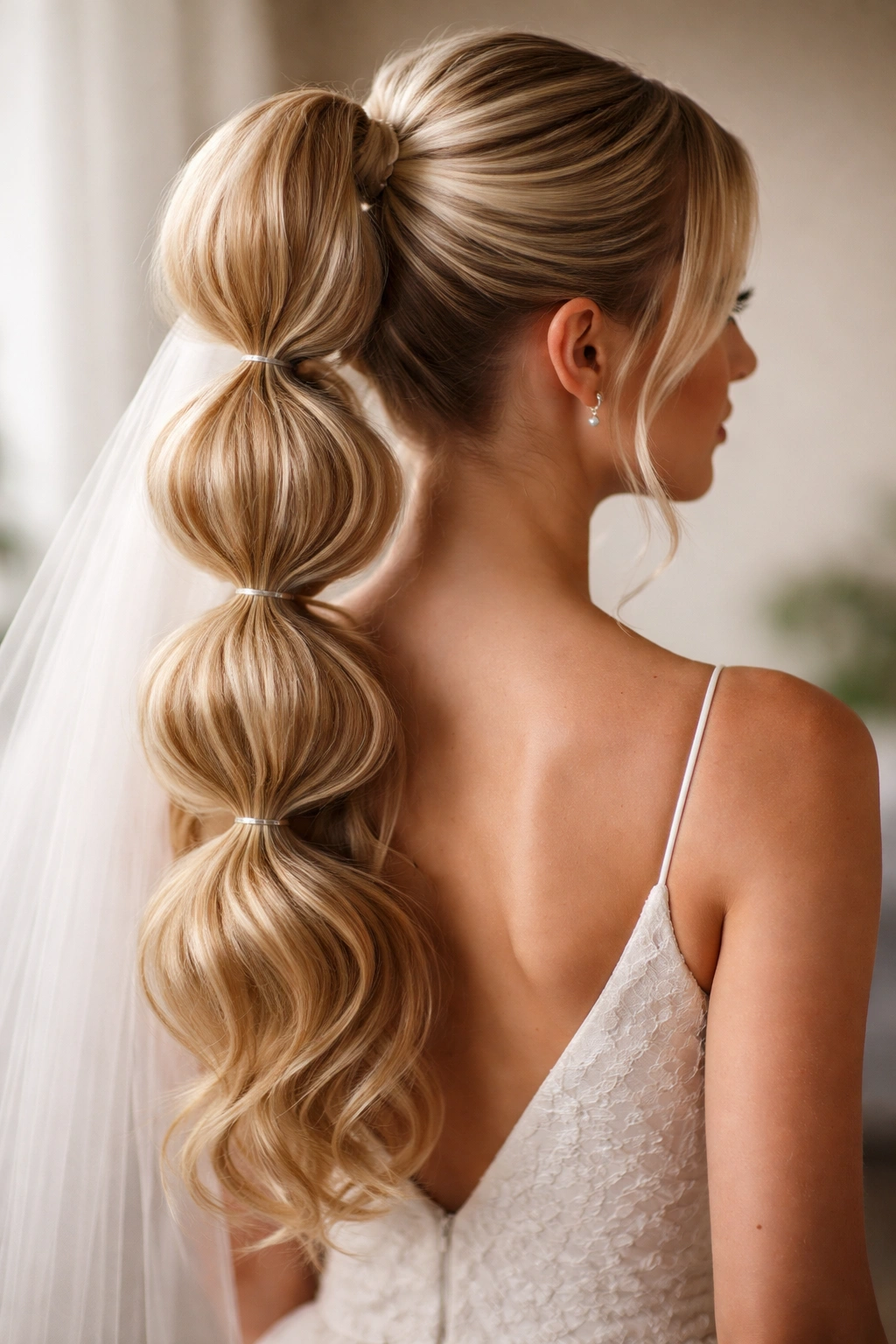 Back view of a voluminous bubble ponytail showing multiple rounded segments