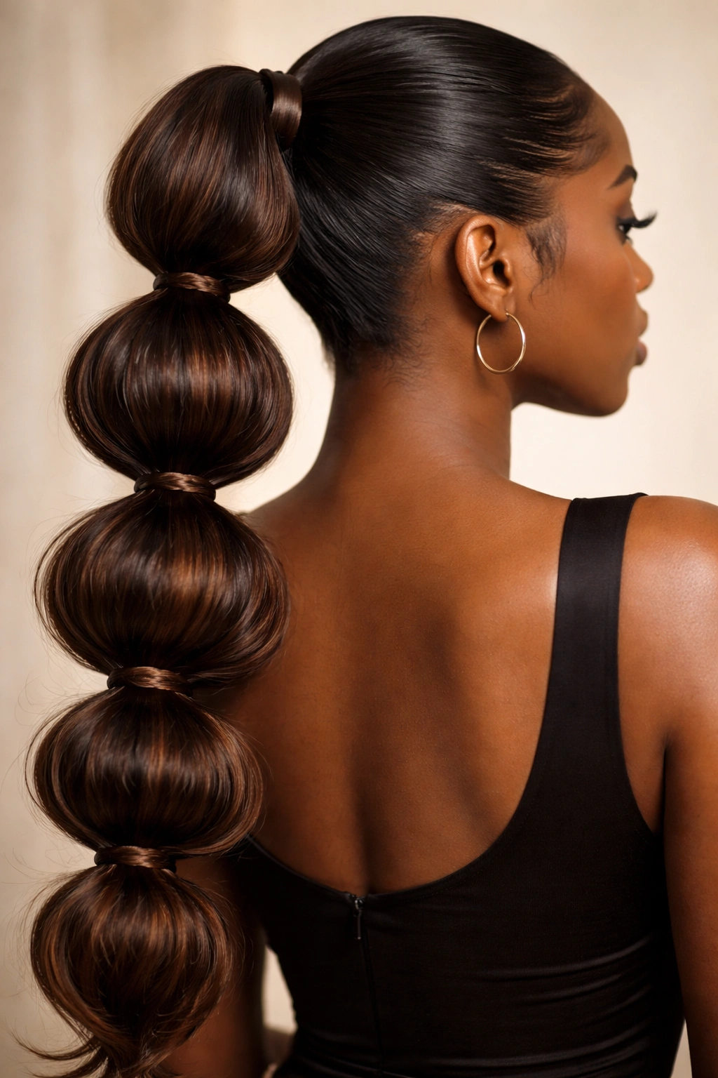Close-up of a bubble ponytail in rich brown tones with segmented bubbles