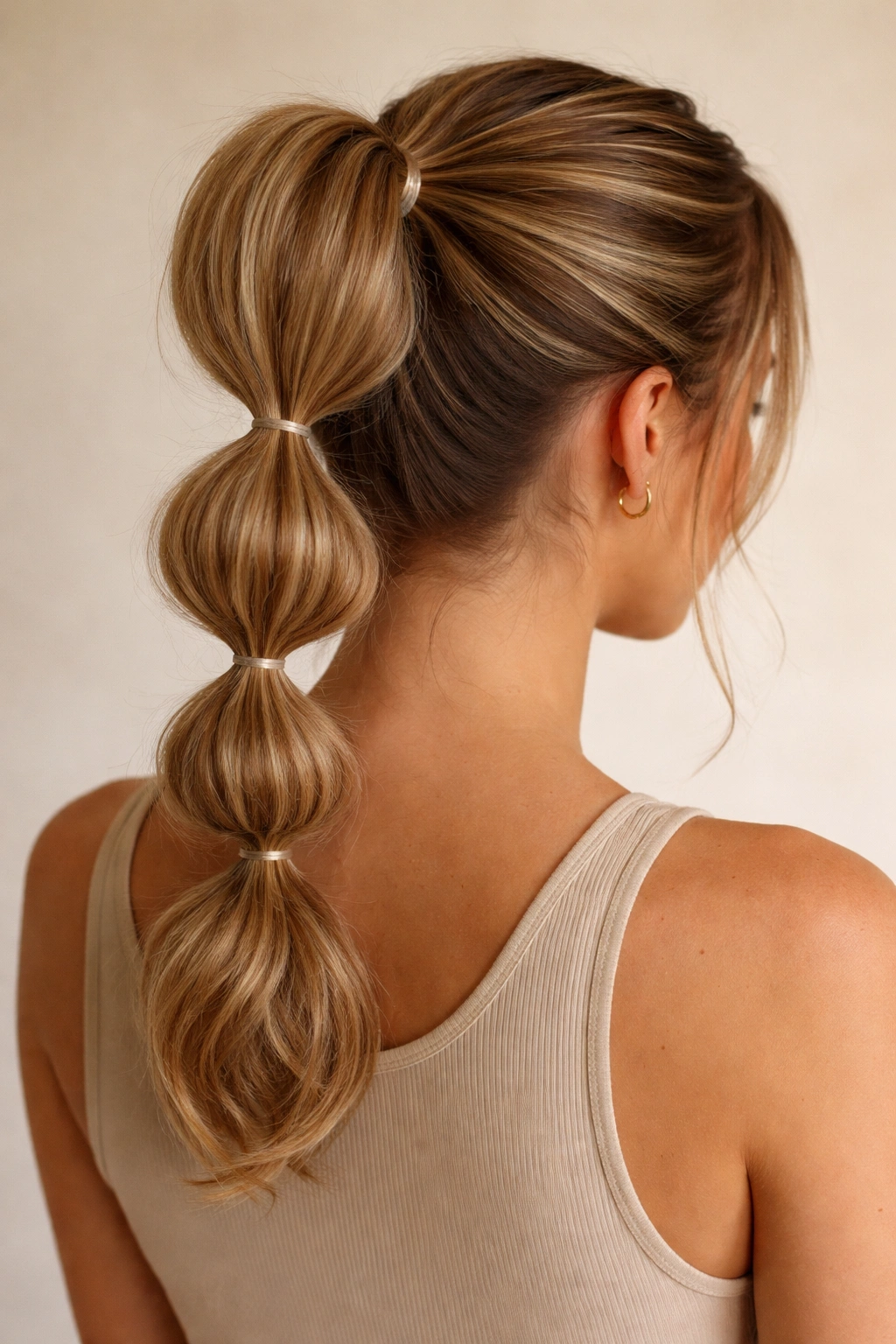 Back view of bubble ponytail bun with segmented sections highlighting volume and secure bun