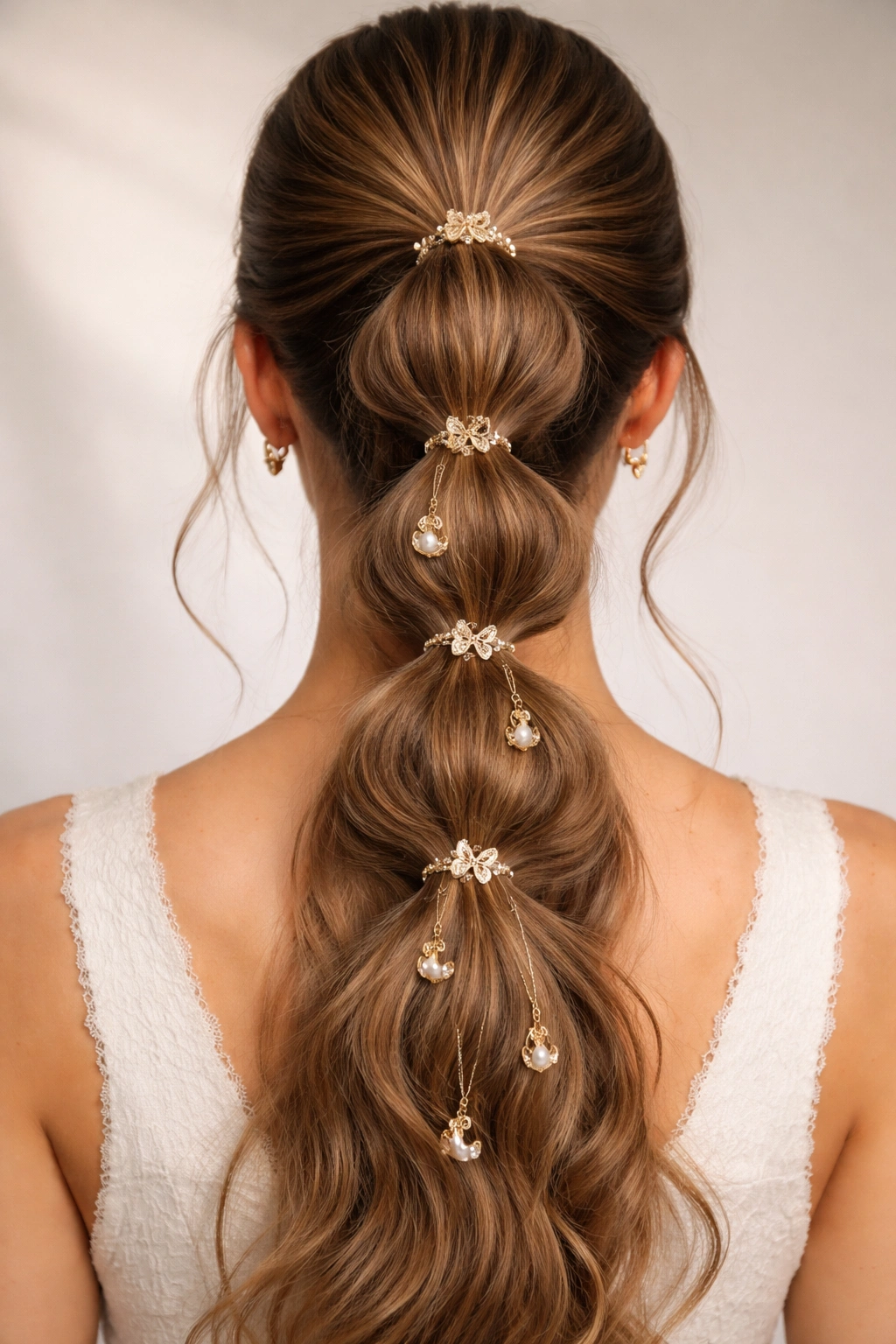 Bubble weave ponytail adorned with charm accessories on elastics