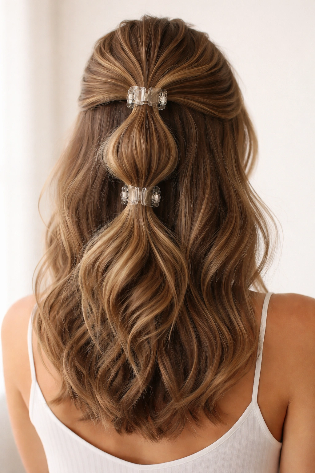 Bubble ponytail with two claw clips creating bubble sections