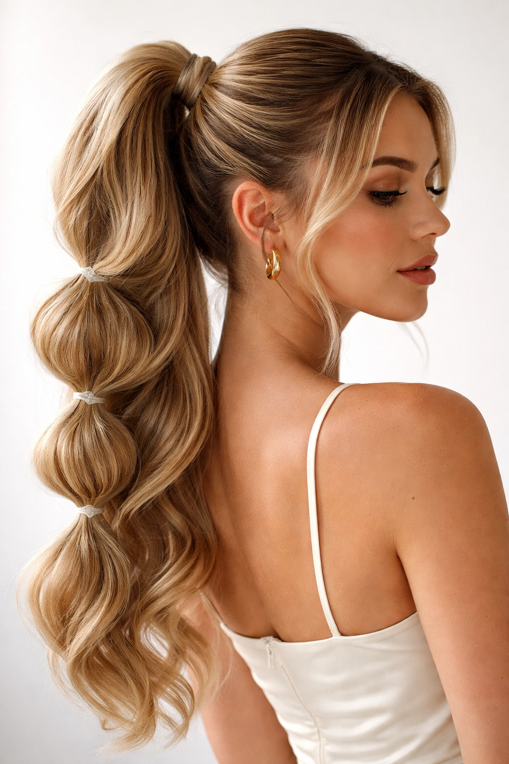 High ponytail with bubble segments created by clear elastics and a clip-in extension, studio lighting