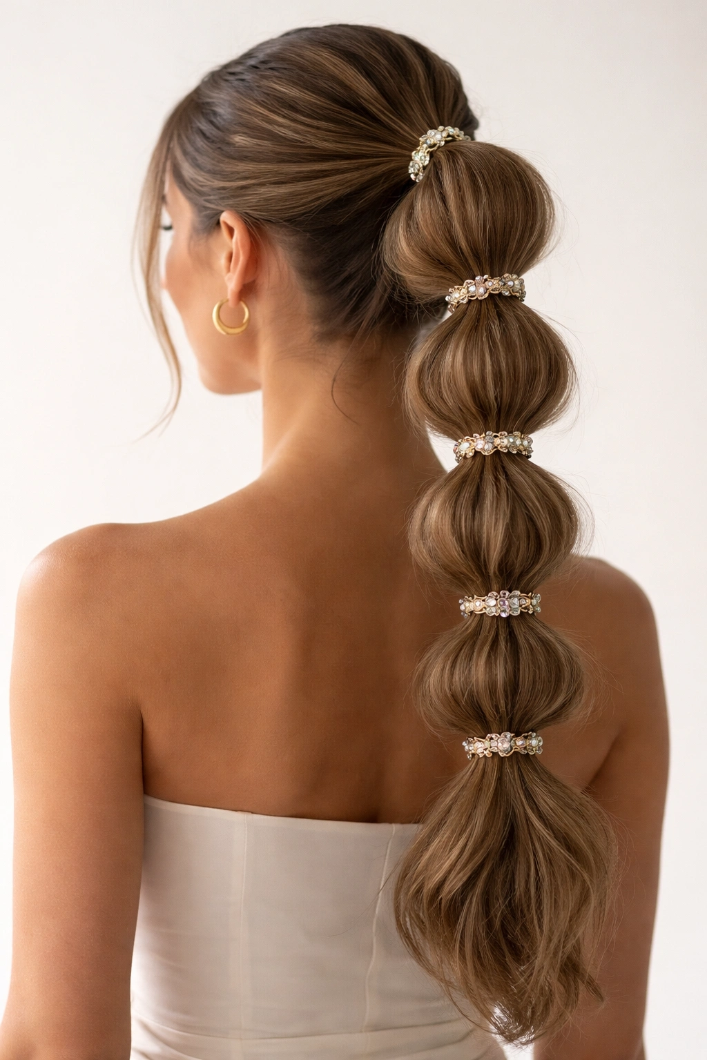 Bubble ponytail secured with multiple clips along its length