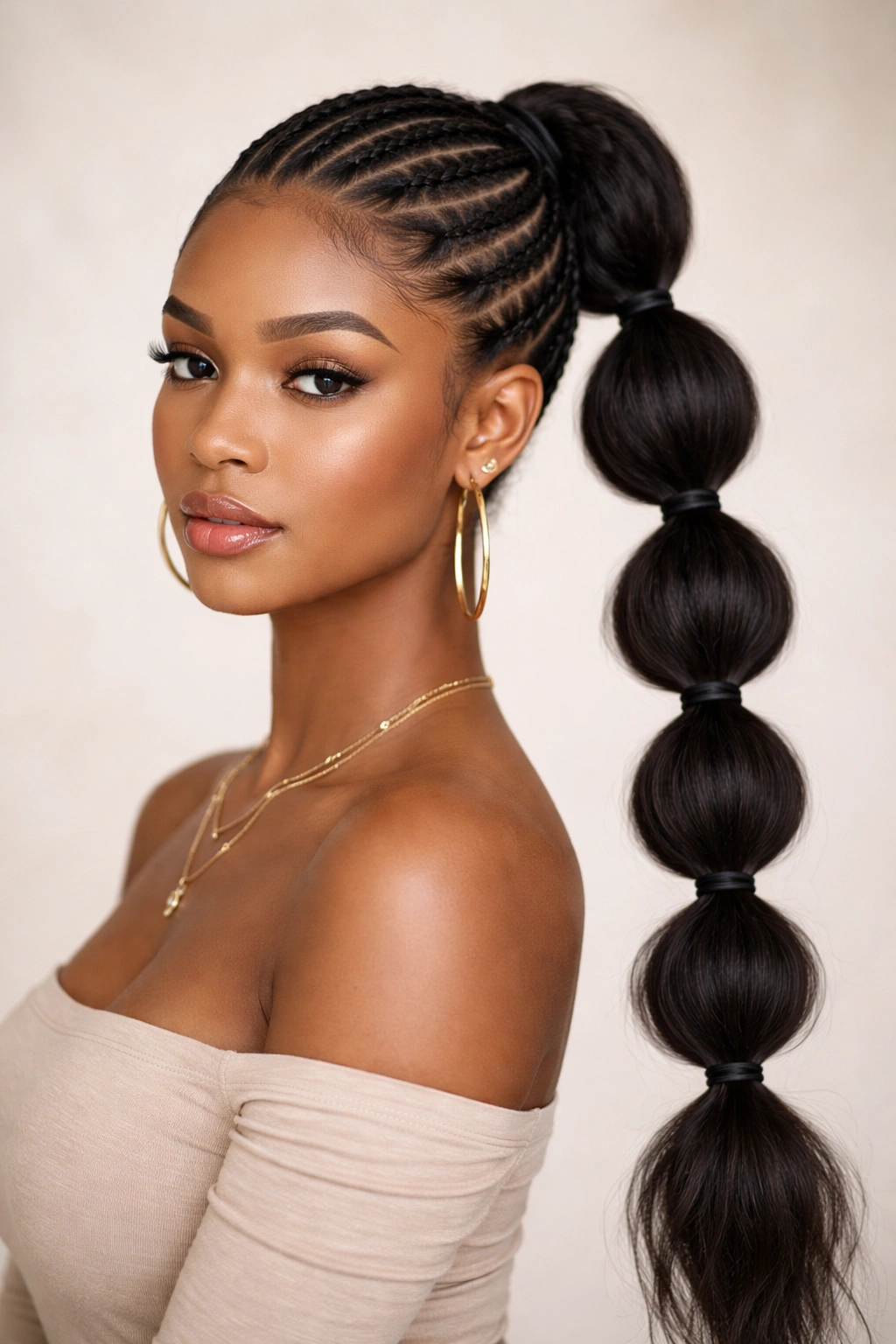 Bubble cornrow ponytail with elastic-separated puff sections along the ponytail.