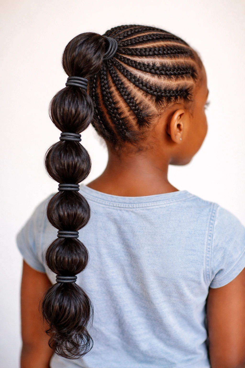 Bubble ponytail with cornrows showing bubble segments made by elastic bands.