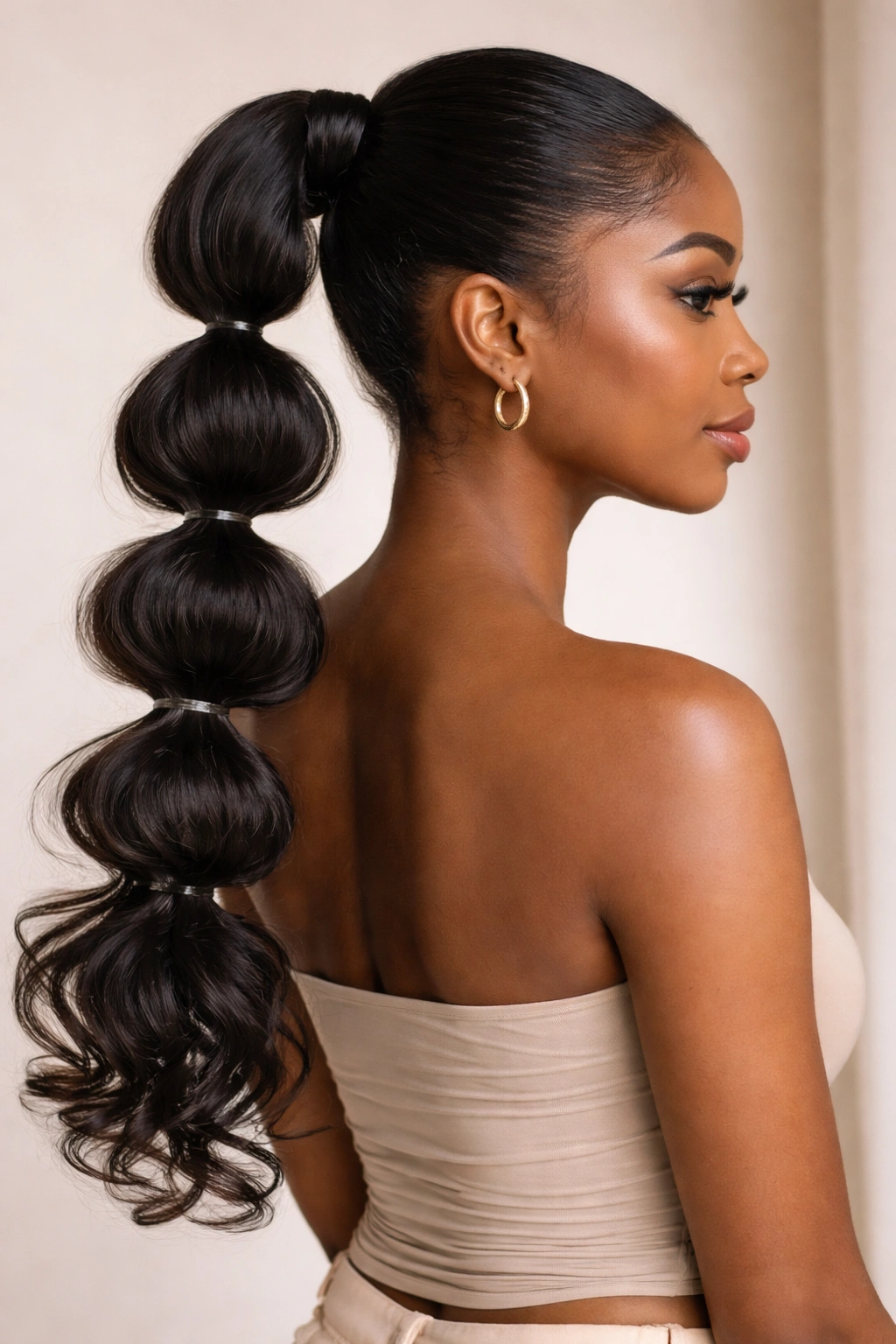 Bubble ponytail with curled ends showing textured, light-catching curls along the bubbles