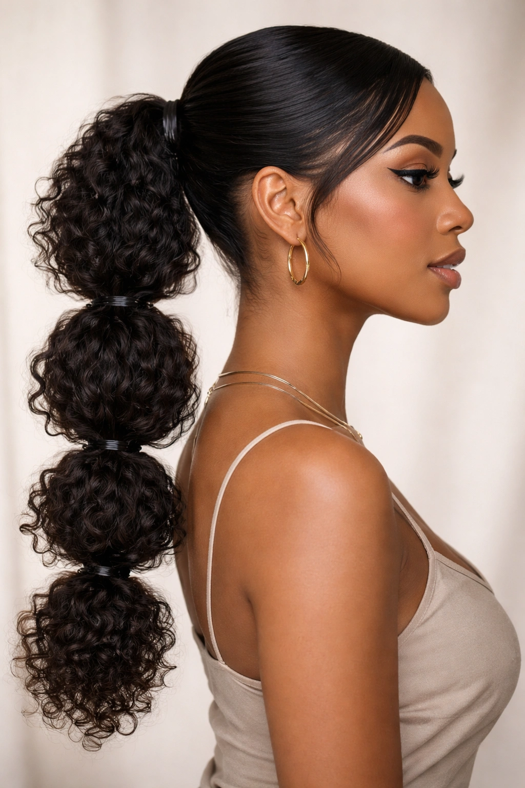 Close-up of a side-part bubble ponytail on curly hair with clearly defined bubble sections