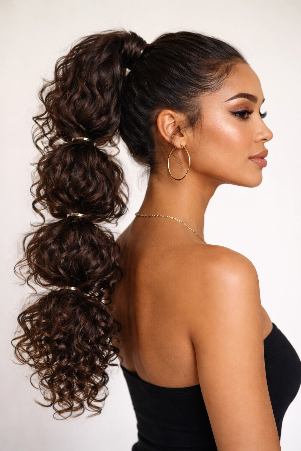 Bubble ponytail with multiple elastic bands creating voluminous sections