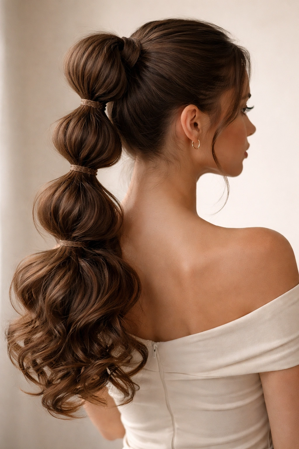 Bubble weave ponytail with curled ends and defined bubbles