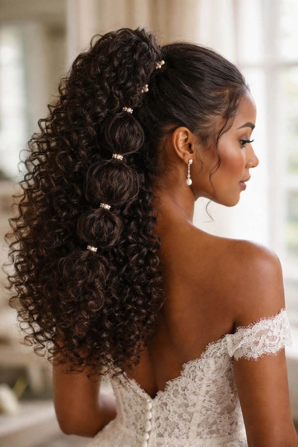 Close-up of a bridal bubble ponytail half-up with elastic bubbles and flowing curls