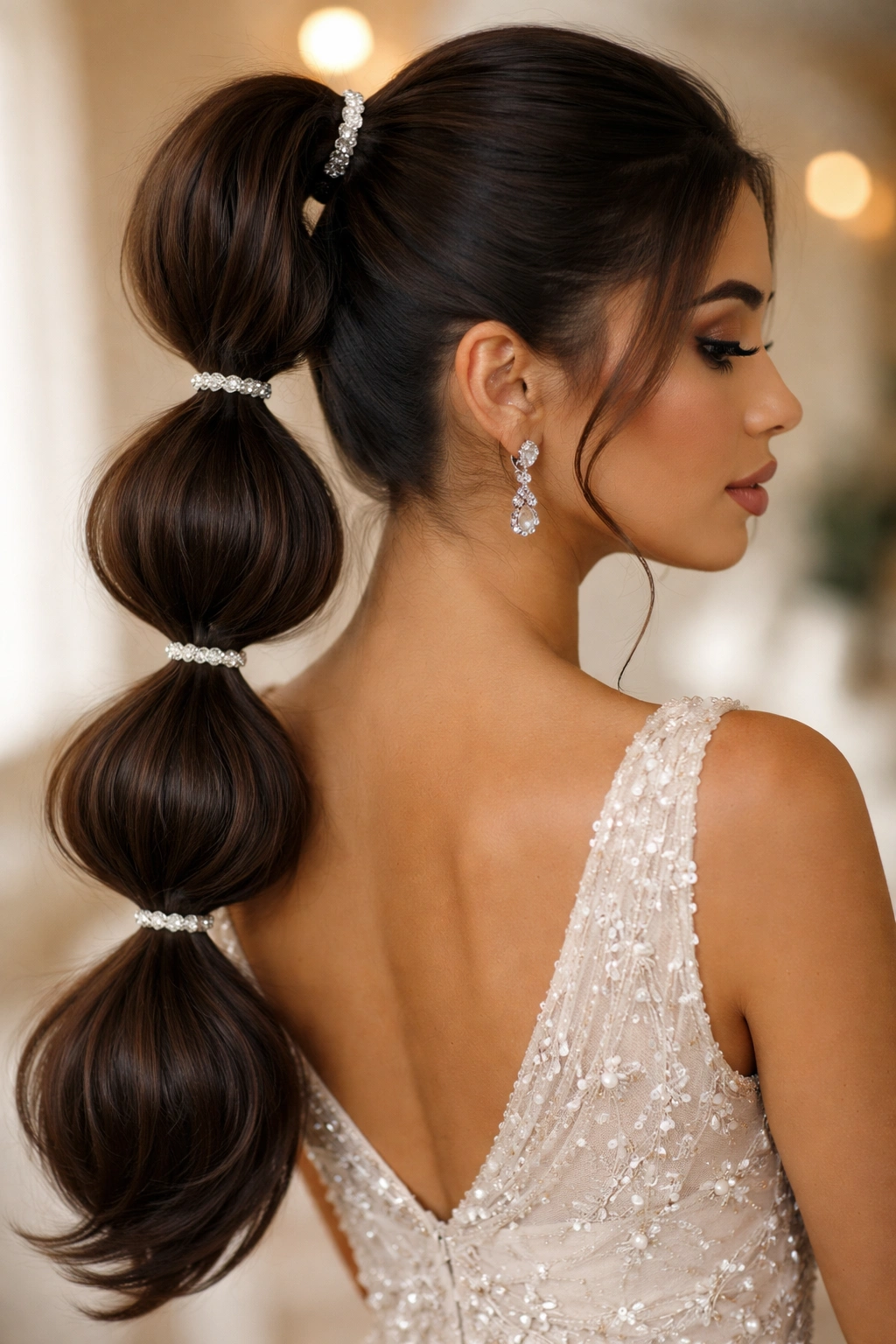 Bubble ponytail with multiple elastics creating bubbles