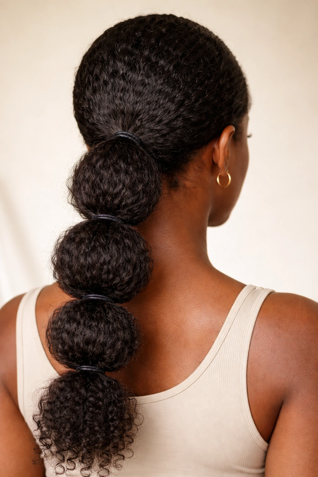 Back view of bubble ponytail with stacked elastic bubbles along the length