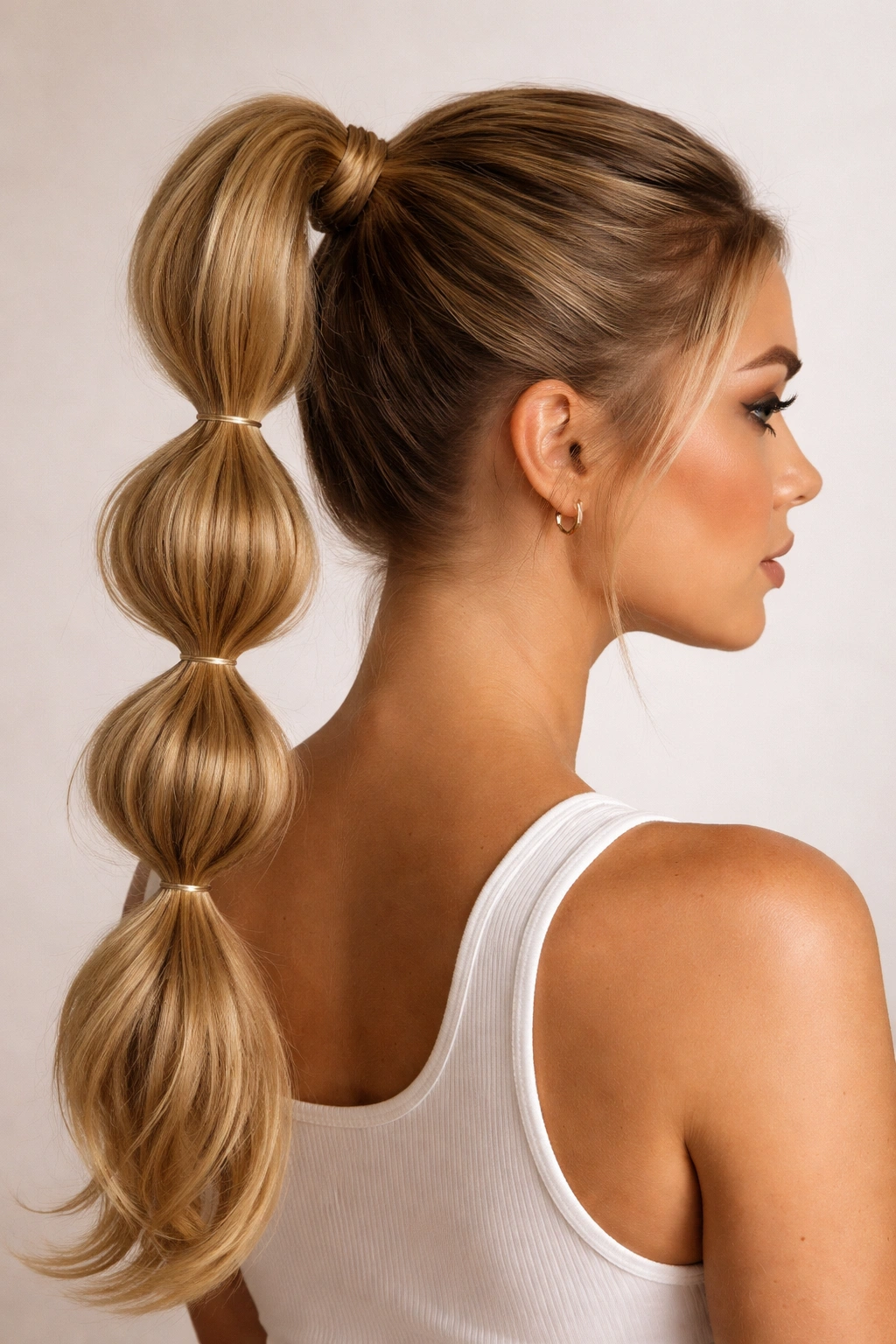 Bubble ponytail with stacked elastic bubbles along high ponytail