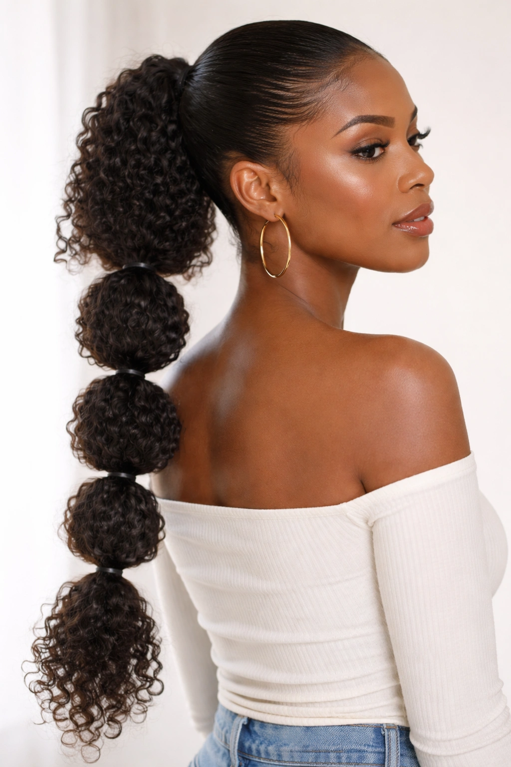 Bubble ponytail with evenly spaced elastics forming bubbles along length
