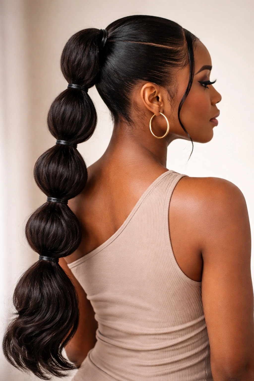 Close-up side view of Bubble V Part Ponytail with evenly spaced elastics creating bubble sections
