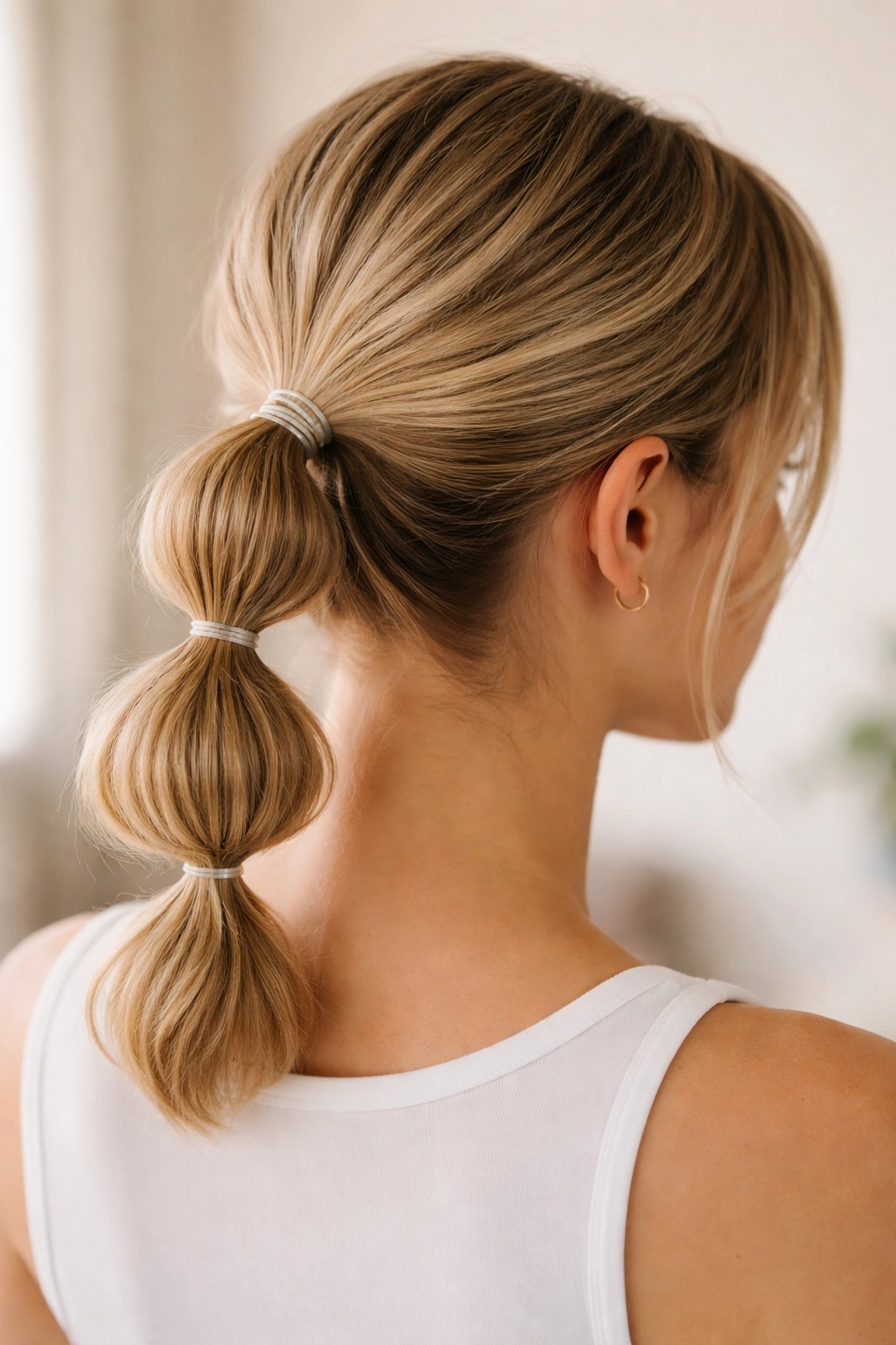 Back view of a short ponytail with two to three bubble sections created by elastics