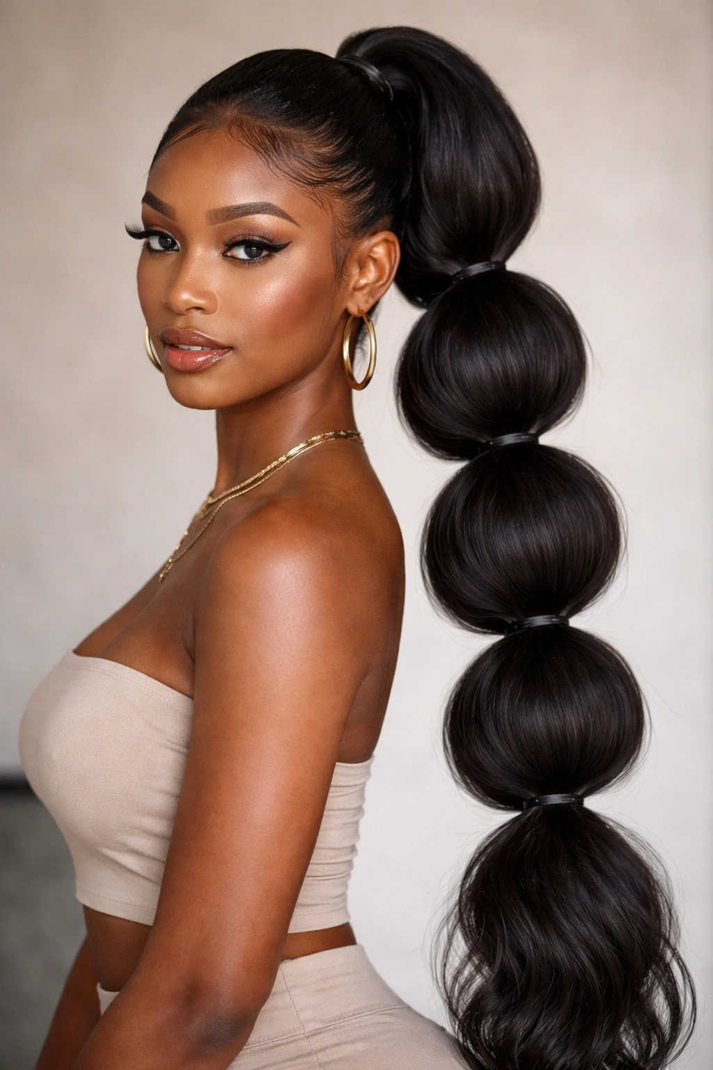 Person with a voluminous bubble ponytail created with extensions