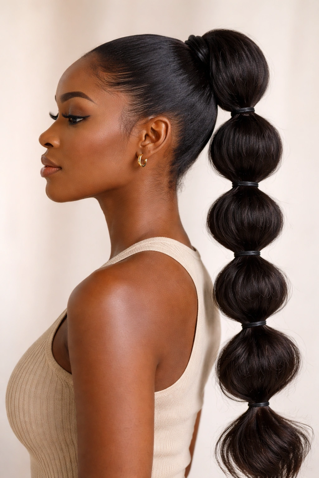 Profile of a Black woman with a bubble ponytail and elastic bands in a minimalist studio.