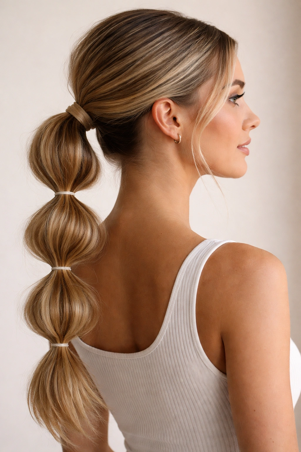 Low ponytail with multiple elastics creating bubble-like sections down its length.