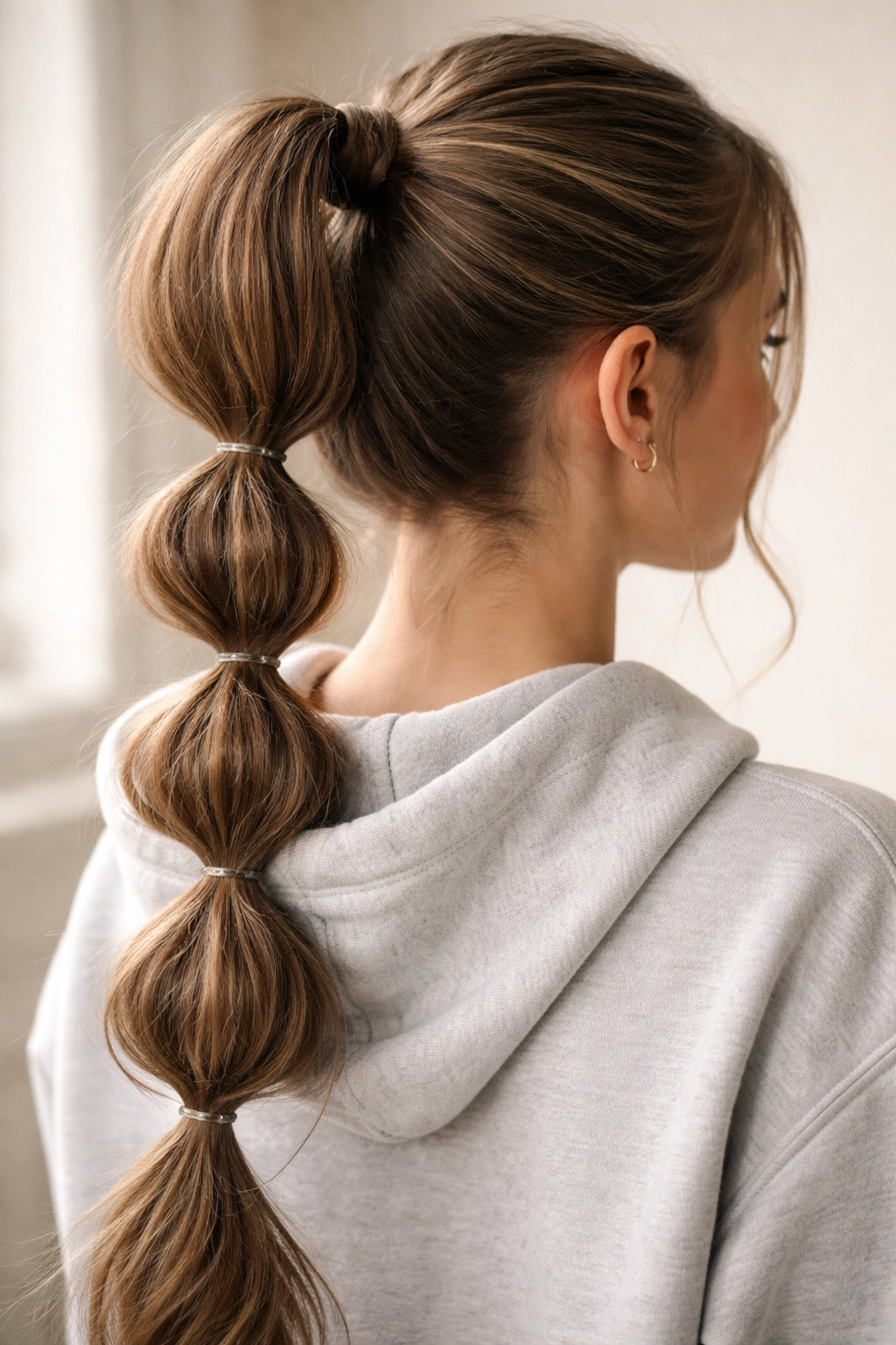 Ponytail with multiple elastics creating bubbles along its length