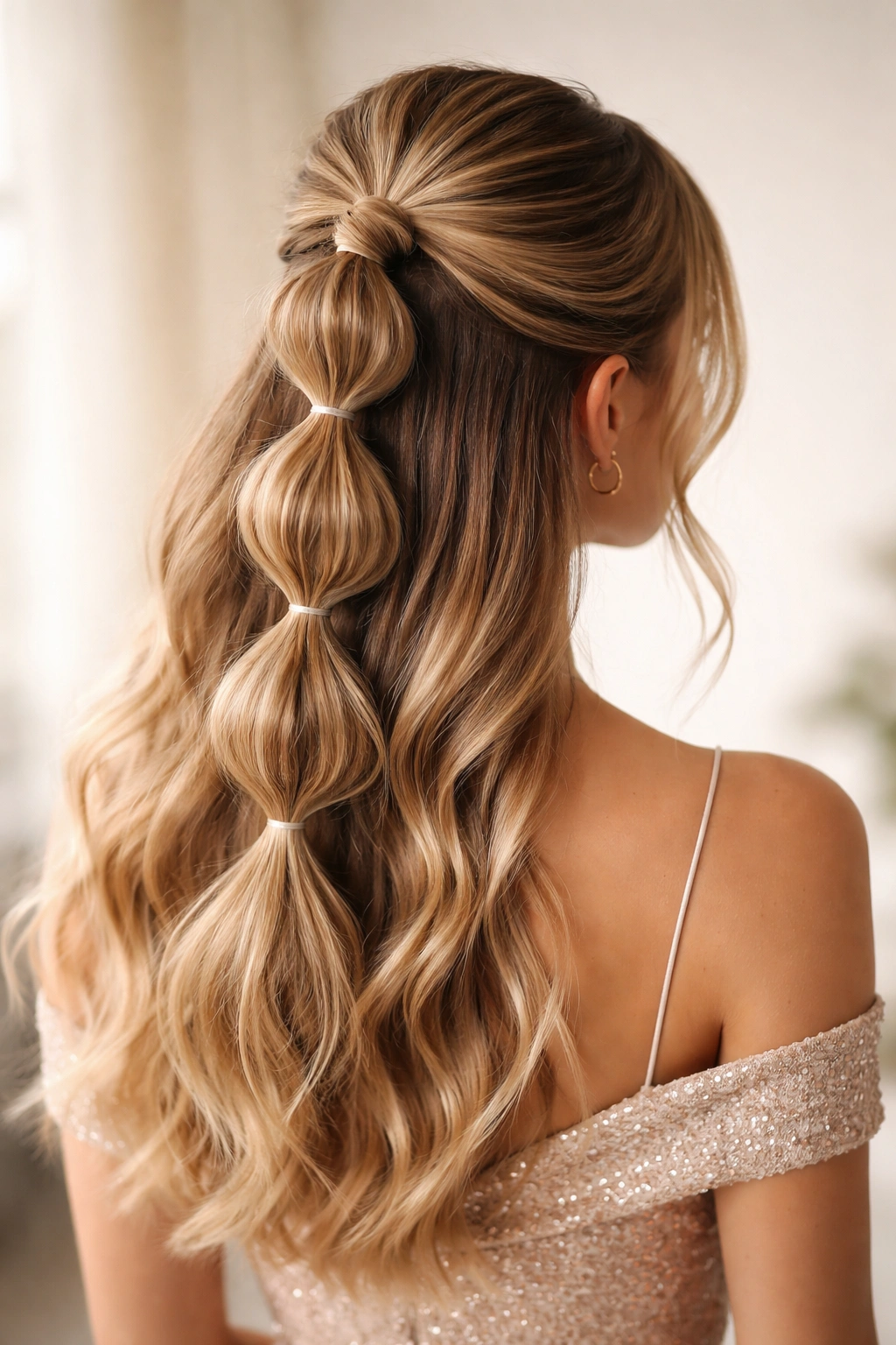 Back view of half-up bubble ponytail with uniform bubbles