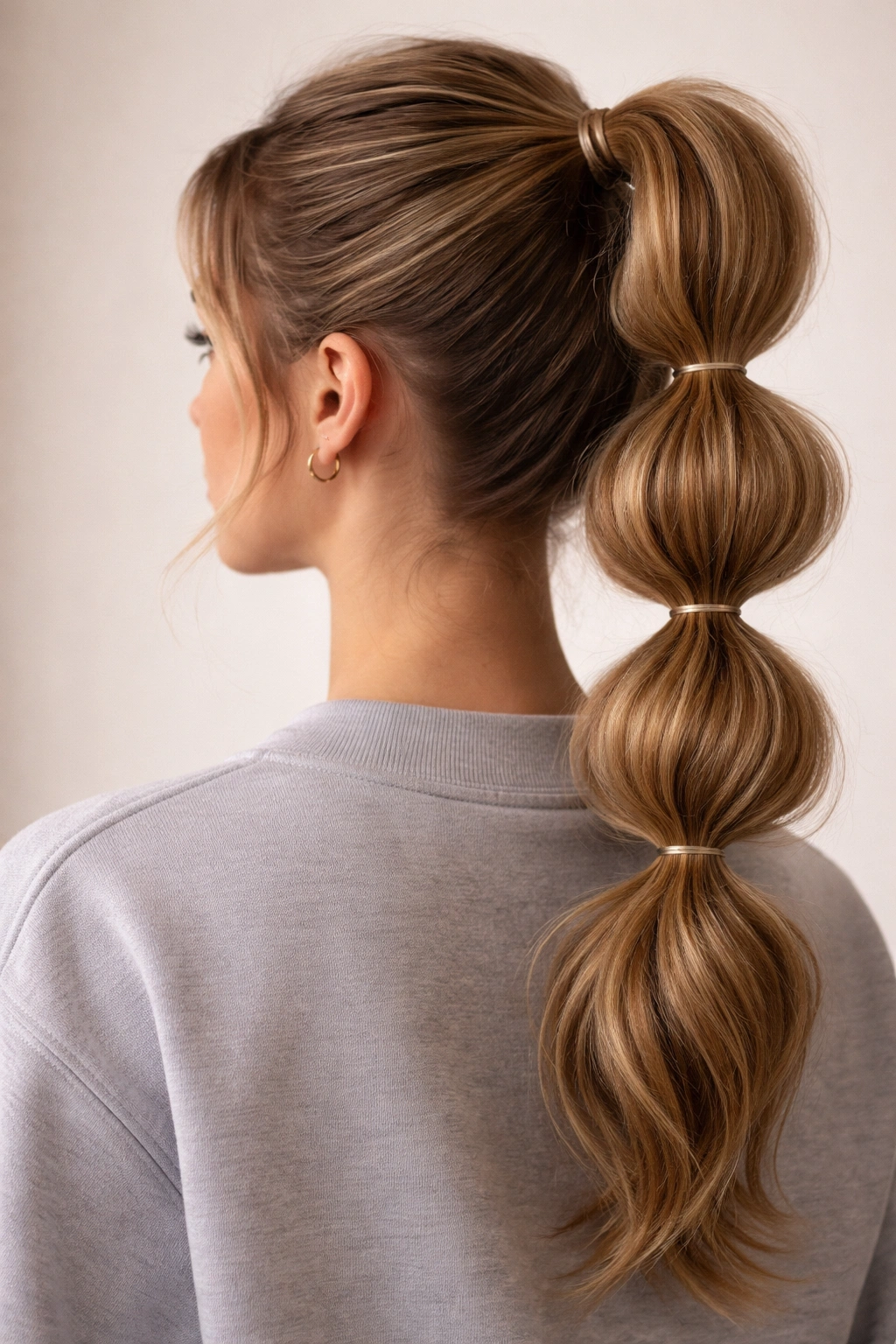 Three-quarter back view of a high bubble ponytail with multiple bubbles