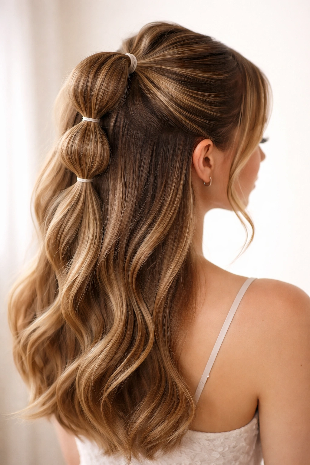 Bubble ponytail half-up hairstyle with multiple bubble sections