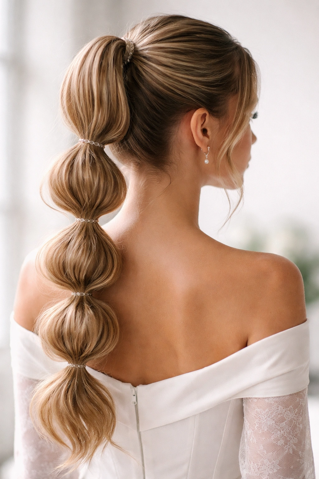 Back view of a bubble ponytail with multiple elastic segments creating bubbles
