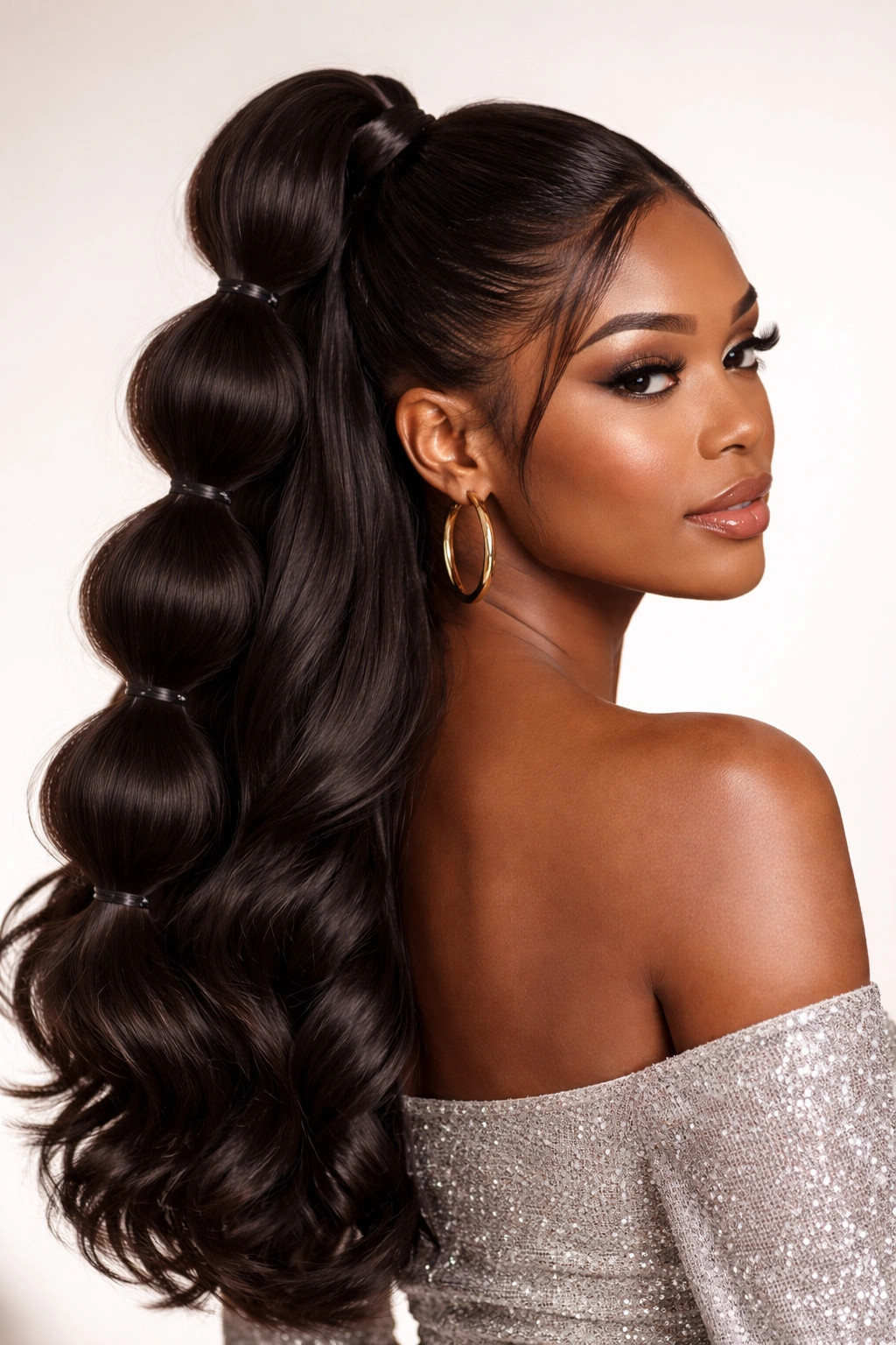 Bubble ponytail half style with multiple bubbles along a high ponytail
