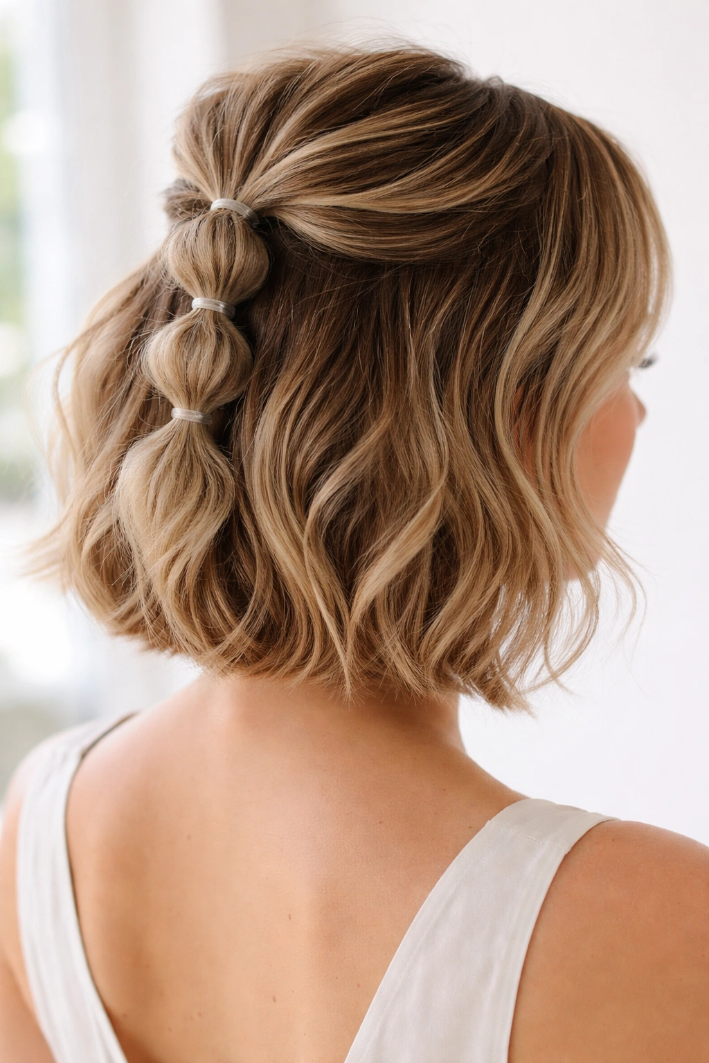 Bubble ponytail half style on bob showing stacked bubbles and texture