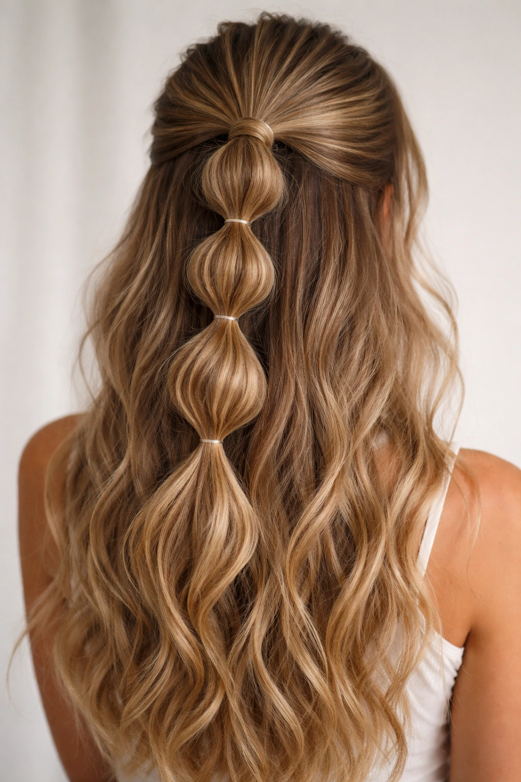 Close-up of a half-up hairstyle with bubble sections created by elastics