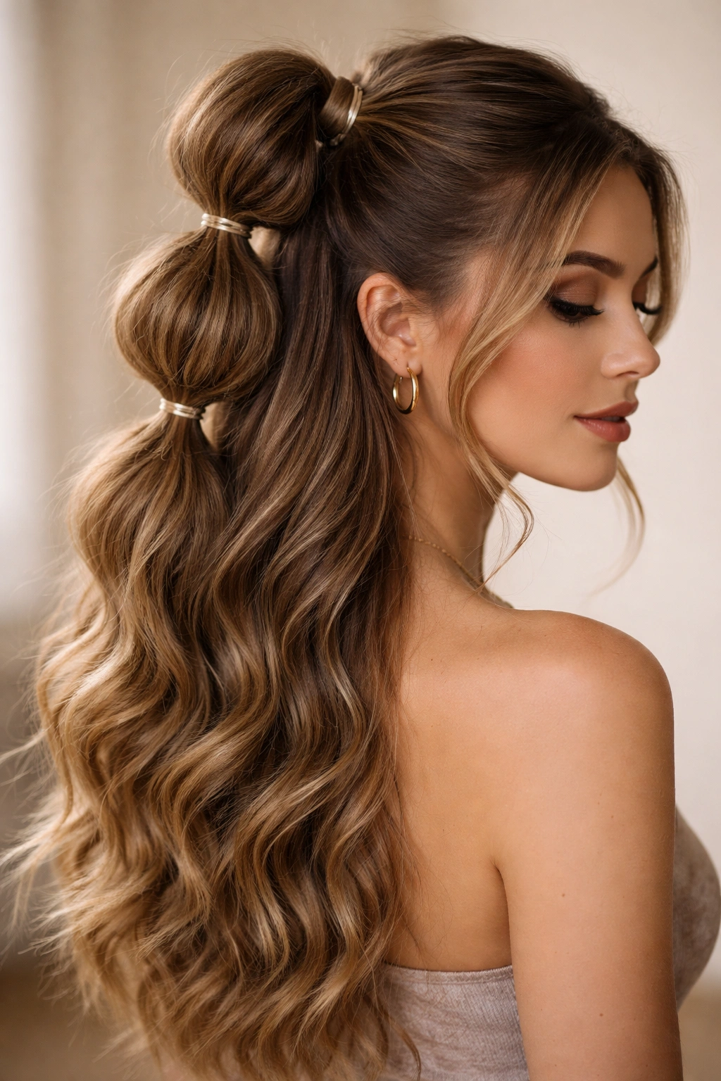 Half up bubble ponytail on wavy hair with visible bubble sections