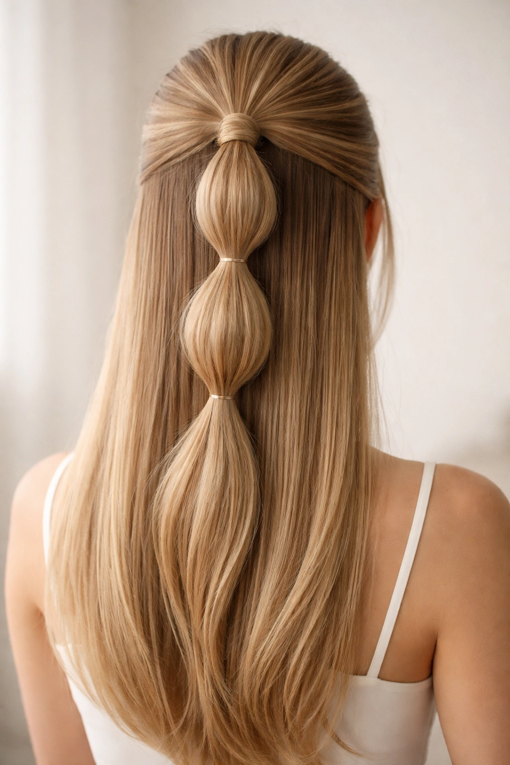 Back view of straight hair in a half-up bubble ponytail showing 2-3 bubbles