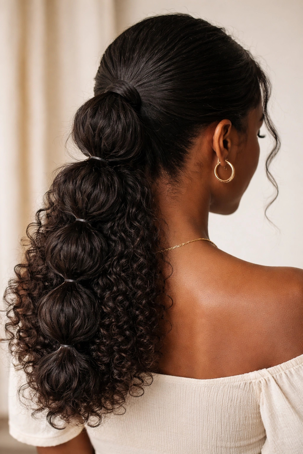 Close-up of a low ponytail with bubble sections along the length to show elastic bubbles and curl texture