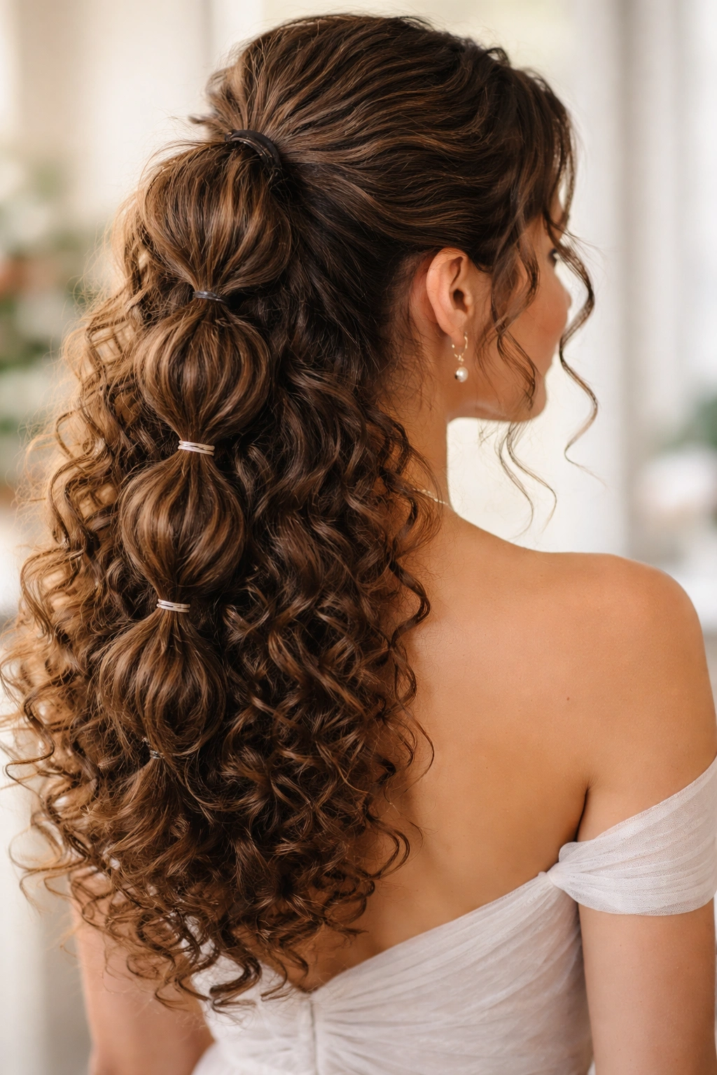 Side view of The Half-Up Bubble Ponytail with multiple bubbles along the ponytail on curly hair.