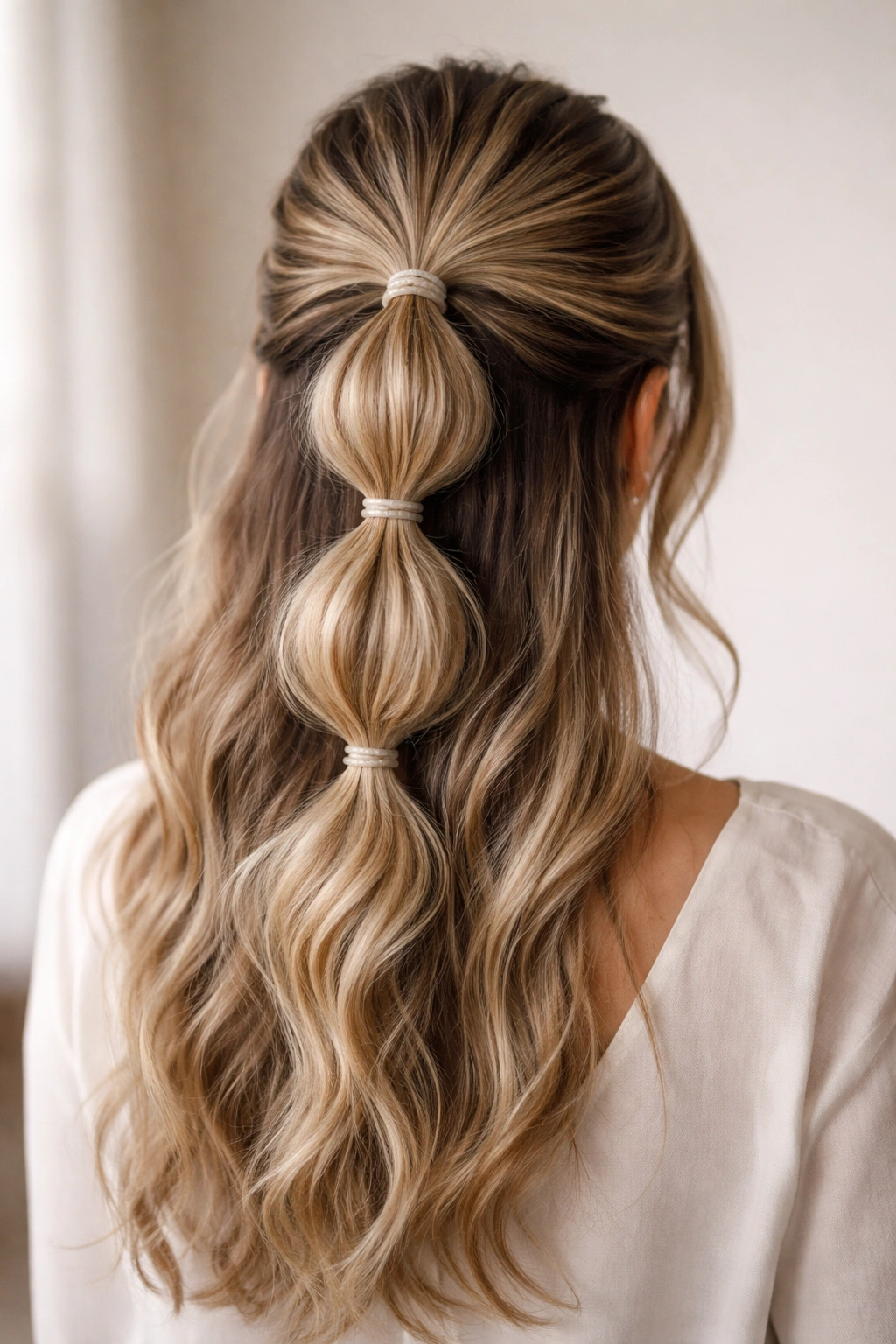 Back view of a person with a half-up bubble ponytail featuring multiple elastic bubbles along the gathered section.