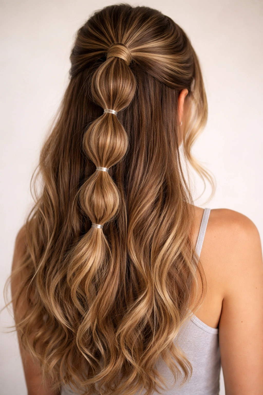 Bubble ponytail half-up showing stacked elastic bubble sections