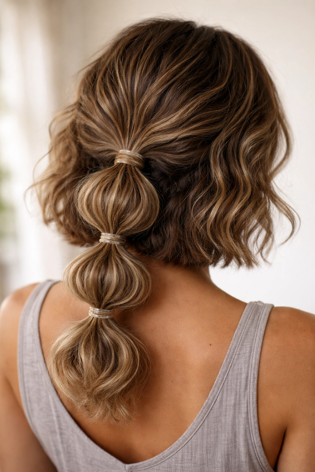 Bubble ponytail created by stacked elastic sections on a wavy bob.