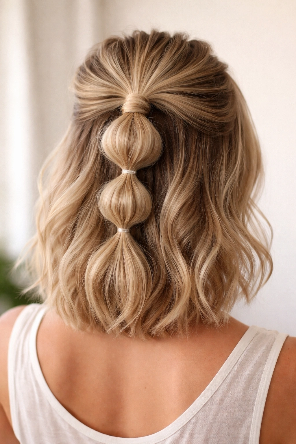 Back view of a half-up ponytail with multiple bubble sections along the ponytail