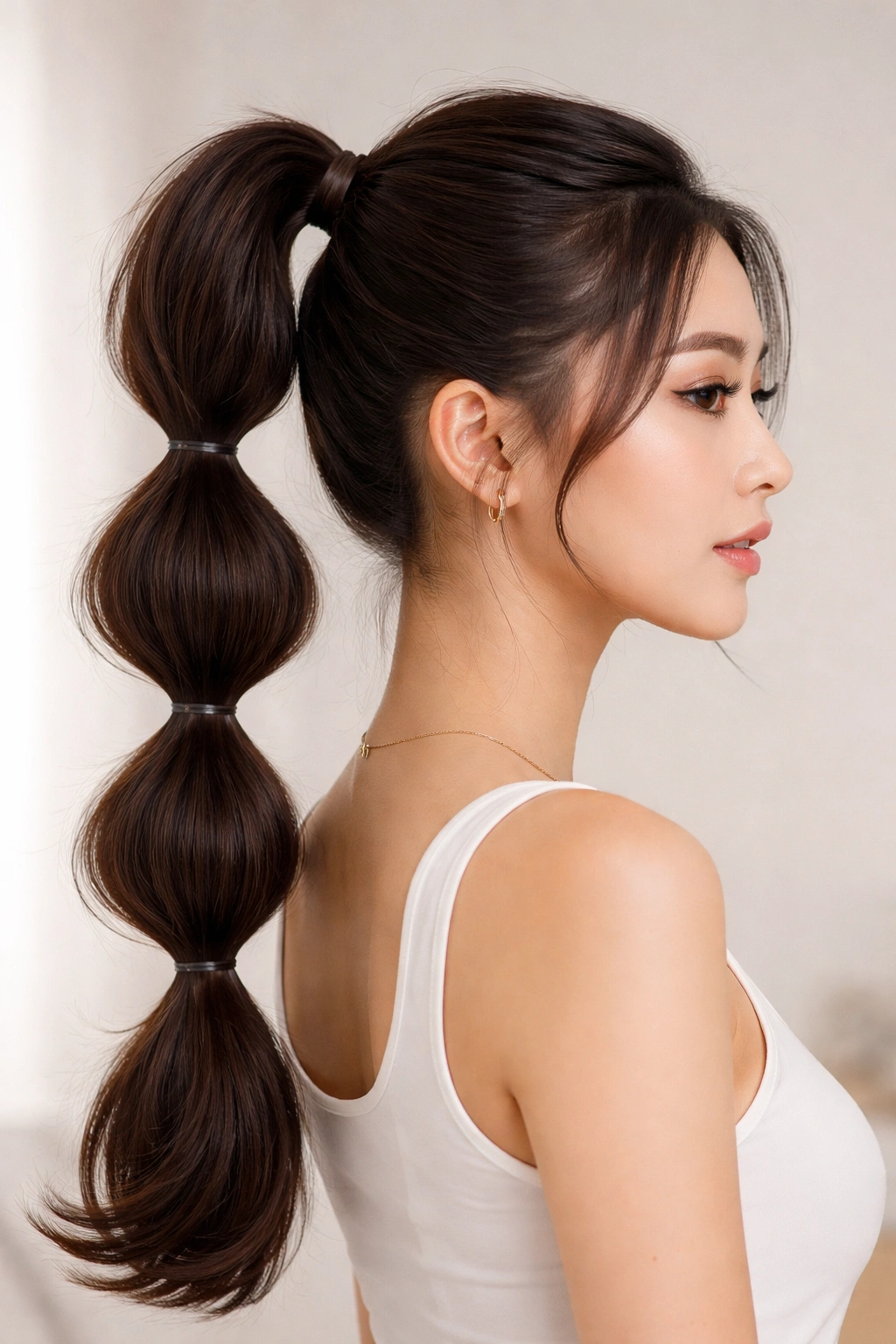 High ponytail formed with multiple bubbles along the length.