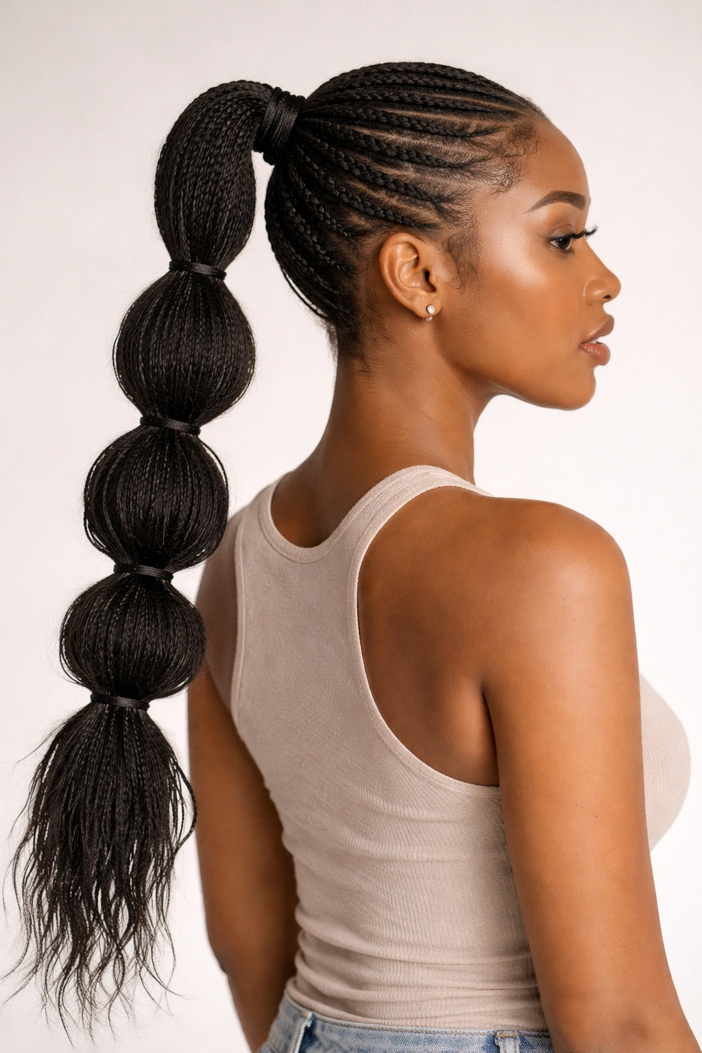 Bubble ponytail with knotless braids segmented into sections