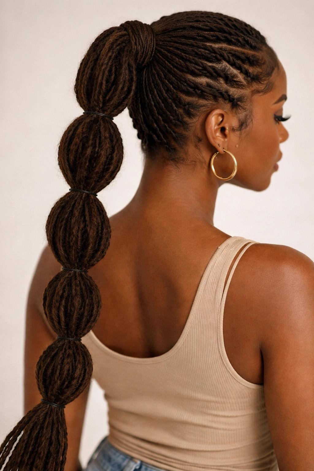 Bubble twisted ponytail with evenly spaced elastic bubbles along length