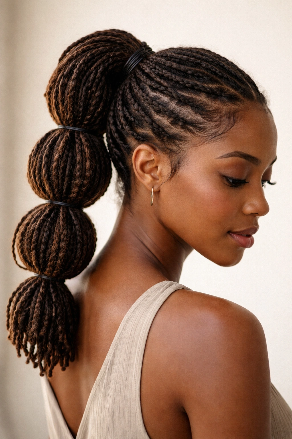 Close-up of shoulder-length locs styled into a bubble ponytail with rounded pockets along the length.
