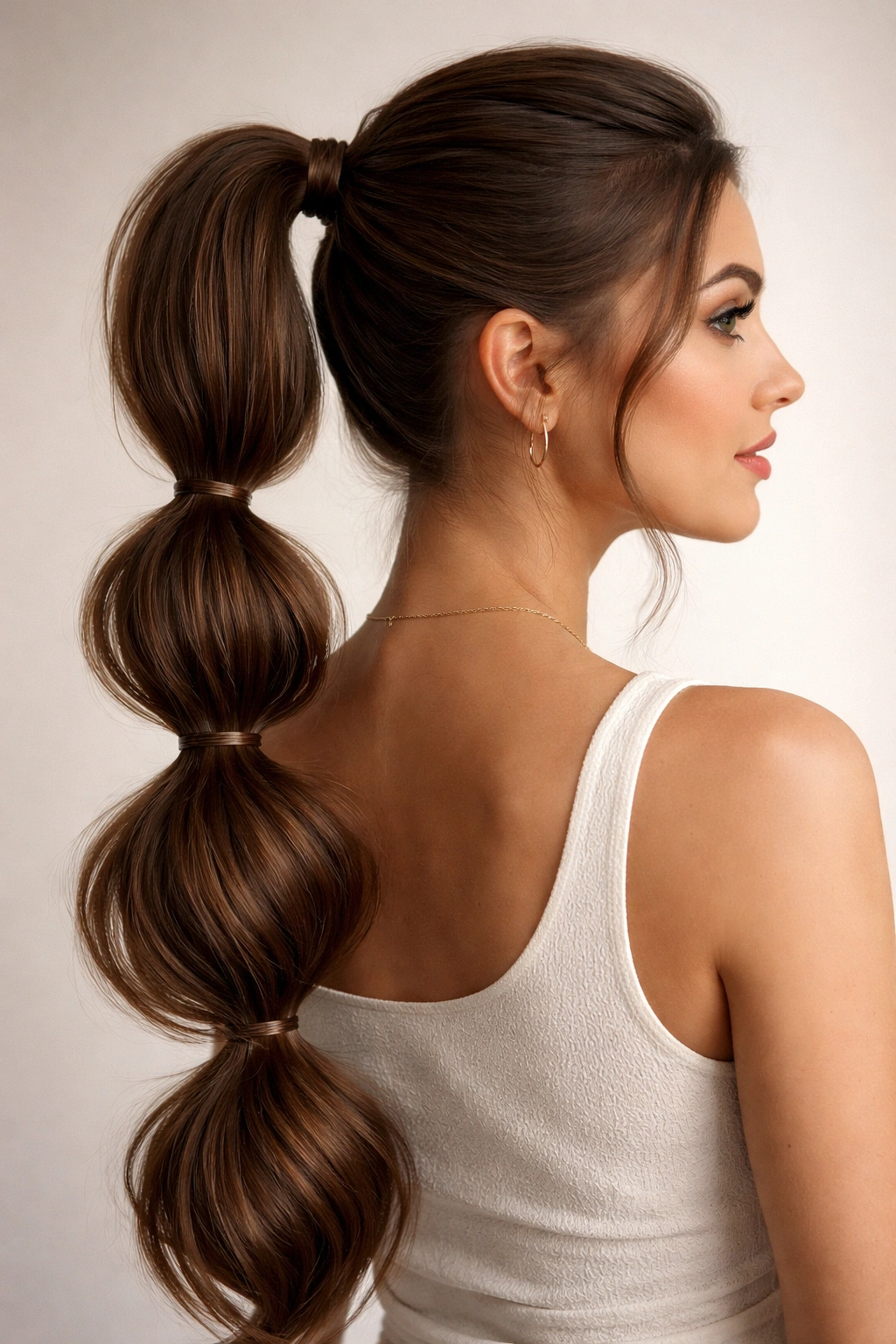 Bubble ponytail with segmented bubbles along a high ponytail